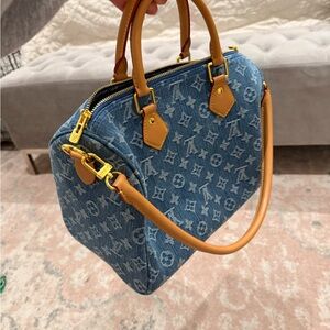 Louis Vuitton replica Blue Monogram Satchel with Tan Accents